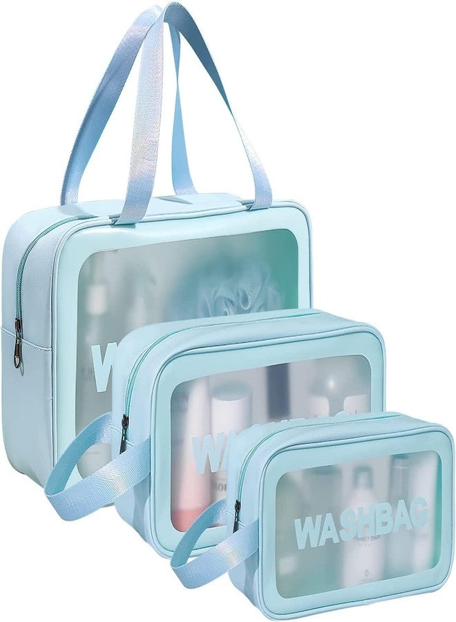 KEETLY | Wash Bag Pouch for Travel Kit Toiletry Bag Cosmetic Bag Make Up Box for Brushes, Accessories with Handle, Large Capacity Translucent Waterproof Travel Storage Organizer Set of 1 (Blue) - Image 1